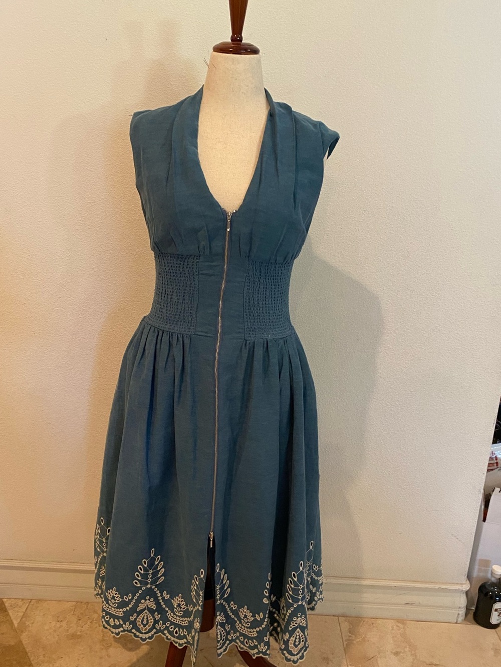 Anthropologie Denim Zip-Front Embroidered Midi Dress